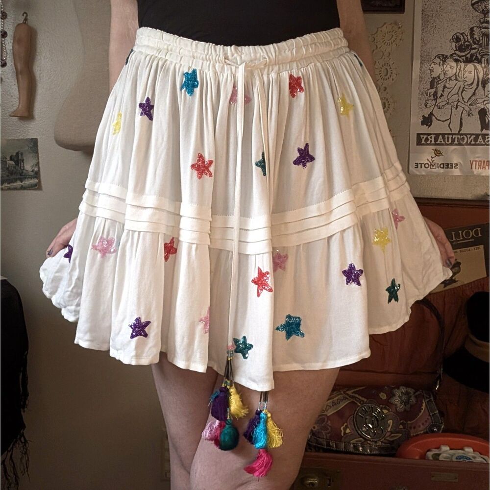 Rococo Sand Sequin Star Mini Skirt Women's XS White Rainbow